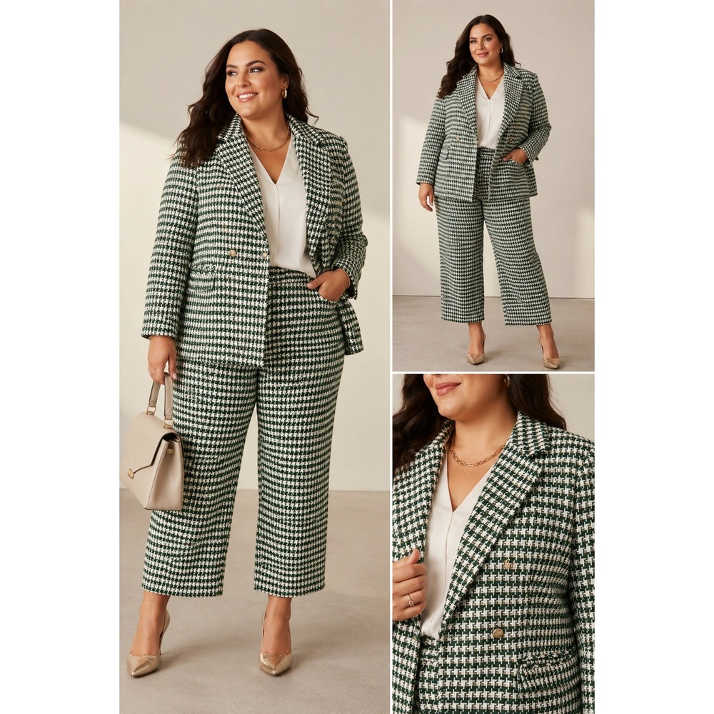 Ivy City Co Park Avenue Tweed Preppy Academic Houndstooth Blazer Pant Set 1X 3X